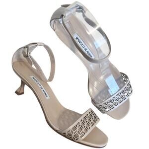 Manolo Blahnik Maurila Nude Leather Kitten Heel Open Toe Sandal 37.5